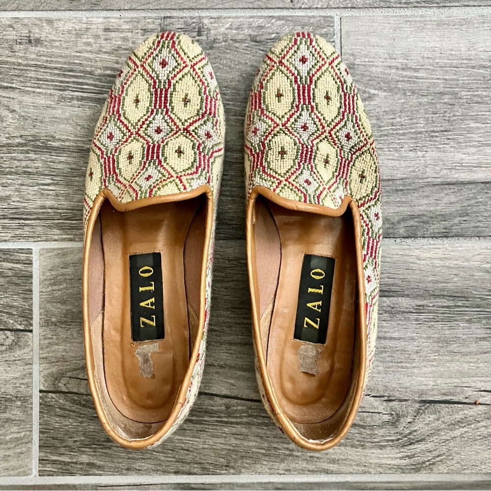 Zalo Vintage Cream Needlepoint Smoking Slipper Shoes - 7